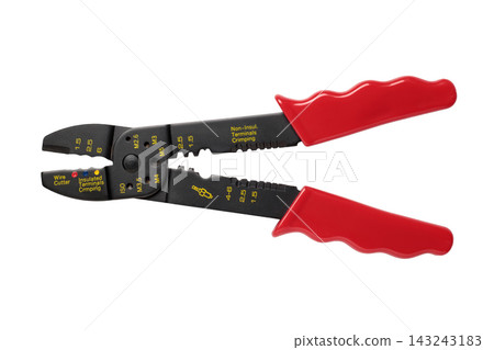 A PNG image of a cutout, sideways-facing electrician's pliers with a red grip. 143243183