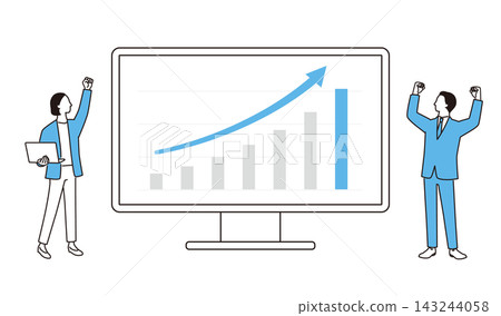 Business people rejoice as they check their rising performance graphs. Business people rejoice as they check their rising performance graphs. 143244058