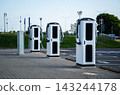 Brand new electric car charging stations wrapped in protective plastic film standing on empty paved parking lot in city 143244178