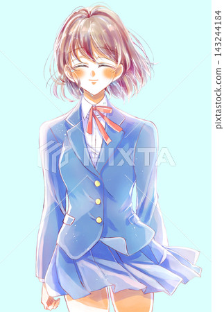 Female student in blazer, smiling, grinning, tears, knee shot Female student in blazer, smiling, grinning, tears, knee shot 143244184