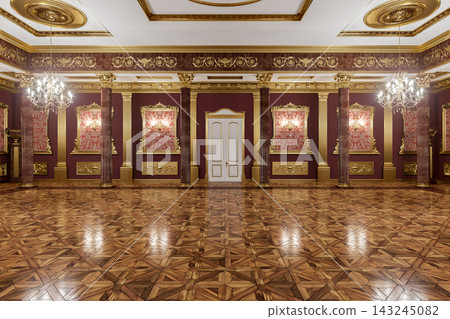 Grand Luxury Ballroom Interior With Ornate Gold Detailing, Marble Columns and Crystal Chandeliers in a Palace Hall Grand Luxury Ballroom Interior With Ornate Gold Detailing, Marble Columns and Crystal Chandeliers in a Palace Hall 143245082