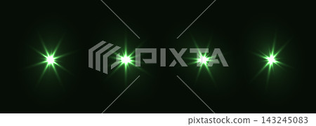 Green flash light vector set on black background. Sparkle shining magic holiday starlight. Festive glow flashing lights collection Green flash light vector set on black background. Sparkle shining magic holiday starlight. Festive glow flashing lights collection 143245083