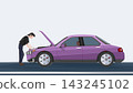 Vehicles facing issues on the road. Driver inspecting the engine of a broken-down purple car with an open hood parked on the side of a road. Isoalted soft blue for space of text. 143245102