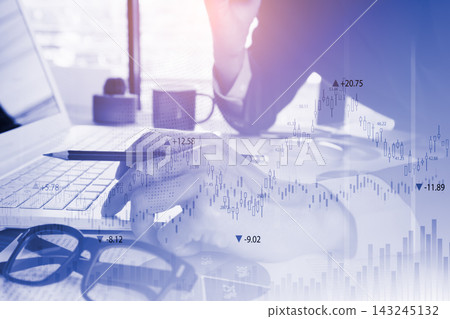Business man on digital stock market financial indicator background. Digital business and stock market financial indicator on LED. Double exposure of business man and digital stock market financial. Business man on digital stock market financial indicator background. Digital business and stock market financial indicator on LED. Double exposure of business man and digital stock market financial. 143245132