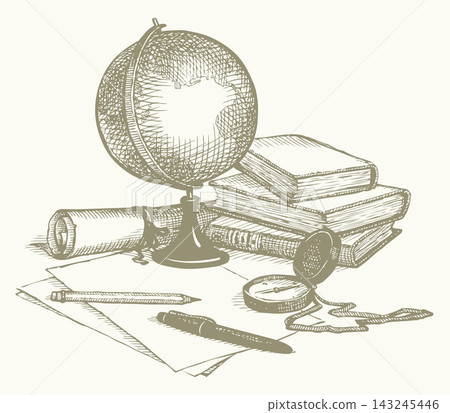 Vector still life: a globe, books, map and compass Vector still life: a globe, books, map and compass 143245446