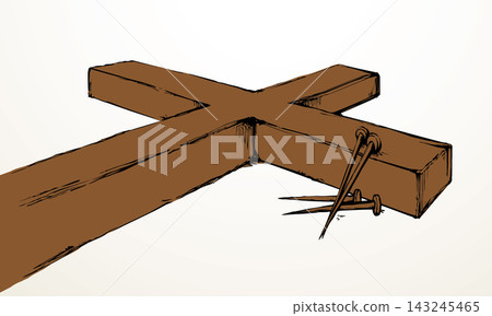Wooden cross and iron nails. Vector drawing Wooden cross and iron nails. Vector drawing 143245465