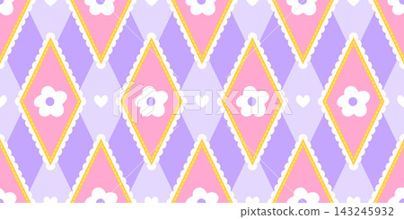 Cute gingham pattern for rhombus flower girly and seamless vector daisy. Heart wallpaper cover for background fabric checkered and plaid fashion easter. Kawaii floral stripe for baby. 143245932