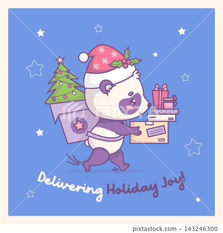 Kawaii Panda Courier in Santa Hat Running Fast with Christmas Tree in Backpack and Parcel, Present Boxes Square Card with Slogan Cute Bear Mascot. Holiday Express Delivery Service. Vector Illustration Kawaii Panda Courier in Santa Hat Running Fast with Christmas Tree in Backpack and Parcel, Present Boxes Square Card with Slogan Cute Bear Mascot. Holiday Express Delivery Service. Vector Illustration 143246300