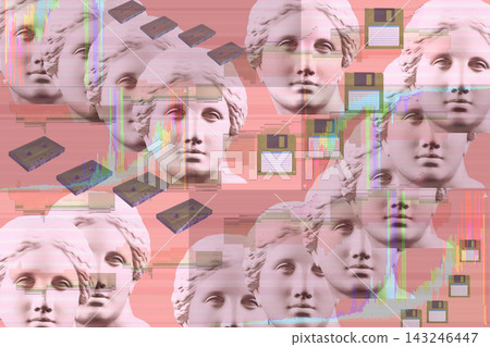 Vaporwave collage with ancient Venus bust, retro audio cassettes and floppy disks with glitch effect. Surreal pink background in 80s 90s nostalgia style for modern graphic design. Vaporwave collage with ancient Venus bust, retro audio cassettes and floppy disks with glitch effect. Surreal pink background in 80s 90s nostalgia style for modern graphic design. 143246447