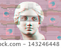 Surrealistic vaporwave background with data rot and video distortion effects. Antique Aphrodite sculpture illustrating file corruption and error aesthetics in modern design. 143246448