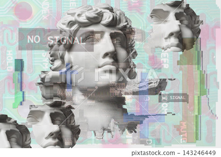 Vaporwave Aesthetic Glitch Art with Antique Classical Statue Head Retro Futuristic Digital Distortion and VHS Noise Abstract Raster Illustration Background Style Vaporwave Aesthetic Glitch Art with Antique Classical Statue Head Retro Futuristic Digital Distortion and VHS Noise Abstract Raster Illustration Background Style 143246449