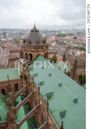 Roof and flying buttresses of Strasbourg Cathedral in France Roof and flying buttresses of Strasbourg Cathedral in France 143246774