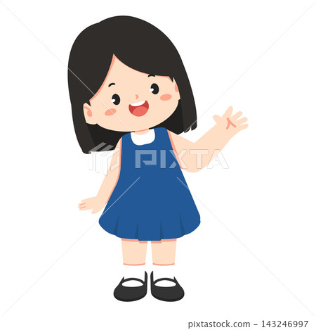 Cute Little Girl Waving Hand Wearing Blue Dress Cute Little Girl Waving Hand Wearing Blue Dress 143246997
