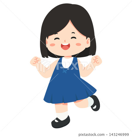 Happy Little Girl Celebrating Success and Joy in Blue Dress Happy Little Girl Celebrating Success and Joy in Blue Dress 143246999
