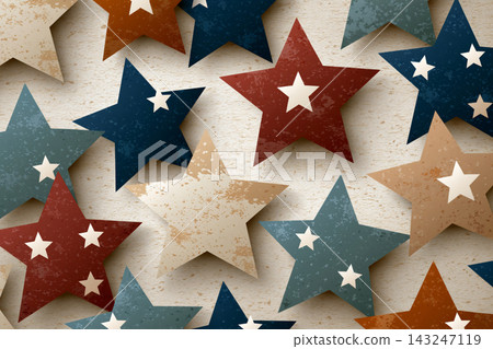 Antique patriotic-inspired star pattern with distressed paper texture and muted Antique patriotic-inspired star pattern with distressed paper texture and muted 143247119