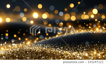 glamorous black and gold celebration banner with floating glitter particles and glamorous black and gold celebration banner with floating glitter particles and 143247121