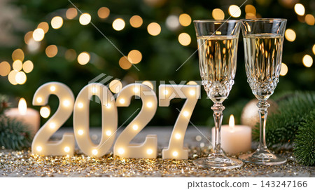 elegant luxury scene with illuminated 2027 numbers beside crystal champagne elegant luxury scene with illuminated 2027 numbers beside crystal champagne 143247166