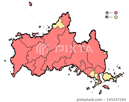 Yamaguchi Prefecture Map: City/Town Color (Brushstroke Style) - Japanese Style 143247284