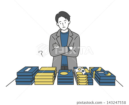 An illustration of a man struggling to decide what to buy at a souvenir shop in a train station or airport. 143247558