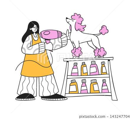 Poodle Grooming With Hairdryer Cartoon Poodle Grooming With Hairdryer Cartoon 143247704