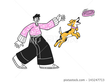 Dog Catching Frisbee With Owner Cartoon 143247713