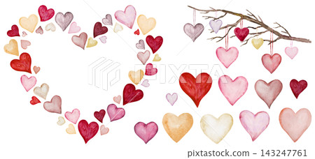 Frame and elements clipart with watercolor pastel hearts. Isolated illustration for Valentines cards Frame and elements clipart with watercolor pastel hearts. Isolated illustration for Valentines cards 143247761