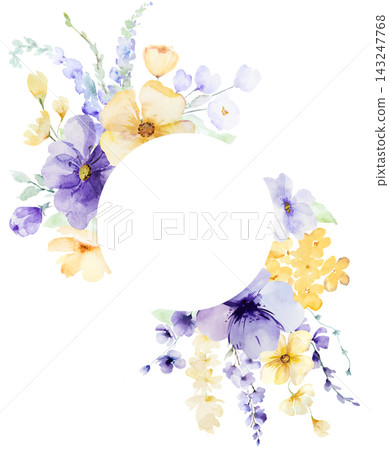 Watercolor frame with light purple and yellow flowers, isolated illustration for wedding stationery Watercolor frame with light purple and yellow flowers, isolated illustration for wedding stationery 143247768