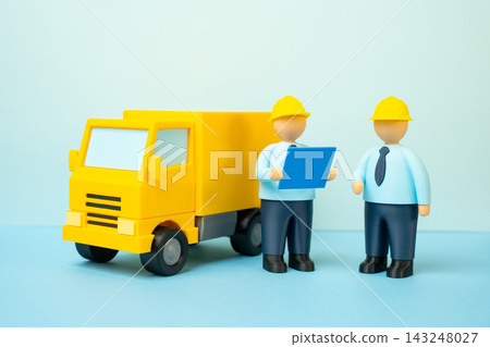 Truck and engineers. Transport infrastructure, warehouses and manufacturing. Logistics development, industrial facilities, freight networks and supply chain operations. Truck and engineers. Transport infrastructure, warehouses and manufacturing. Logistics development, industrial facilities, freight networks and supply chain operations. 143248027