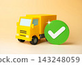 Truck and approval checkmark. Delivery completed, transportation finished. Successful order execution. Logistics performance, freight delivery, supply chain management and customer service. 143248059