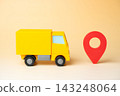 Truck and geolocation symbol. Delivery location directly to the doorstep. Last mile logistics, route planning and precise destination tracking. Home delivery, navigation and freight services. 143248064