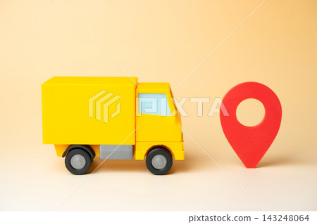 Truck and geolocation symbol. Delivery location directly to the doorstep. Last mile logistics, route planning and precise destination tracking. Home delivery, navigation and freight services. Truck and geolocation symbol. Delivery location directly to the doorstep. Last mile logistics, route planning and precise destination tracking. Home delivery, navigation and freight services. 143248064