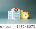Hospital and stopwatch. Time for appointments or emergency response during critical situations. Medical service efficiency, urgent care and response deadlines. Healthcare operations, patient waiting 143248073