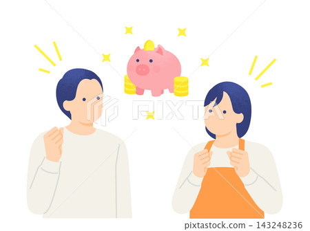 一對夫婦高興地看著存錢筒裡的錢越來越多。插圖描繪了一對男女的上半身,他們成功地一點一點地存下了錢。 一對夫婦高興地看著存錢筒裡的錢越來越多。插圖描繪了一對男女的上半身,他們成功地一點一點地存下了錢。 143248236