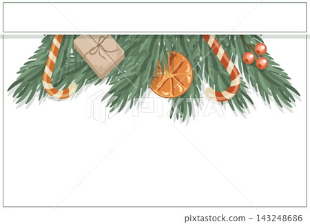 Christmas menu background banner with pine branch border vector layout. Cozy eco winter holiday frame template with empty copy space for text Christmas menu background banner with pine branch border vector layout. Cozy eco winter holiday frame template with empty copy space for text 143248686