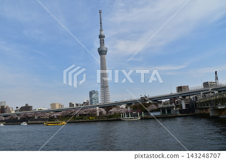 日本東京淺草：東京晴空塔、盛開的櫻花、美麗的藍天，以及在隅田川上航行的各種大小的船隻。 143248707