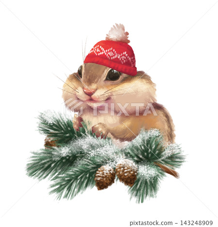 Hand-drawn illustration of a cute chipmunk in a red winter hat on snowy pine branches Hand-drawn illustration of a cute chipmunk in a red winter hat on snowy pine branches 143248909