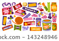 Colorful hand drawn vector illustrations set of various sweets and chewing gums. Wrapped and packaged sweets, bubble gums, gummy candies, taffy, lollipops, desserts, jelly fruity and peppermint treats 143248946