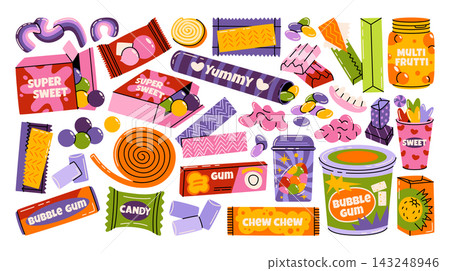 Colorful hand drawn vector illustrations set of various sweets and chewing gums. Wrapped and packaged sweets, bubble gums, gummy candies, taffy, lollipops, desserts, jelly fruity and peppermint treats Colorful hand drawn vector illustrations set of various sweets and chewing gums. Wrapped and packaged sweets, bubble gums, gummy candies, taffy, lollipops, desserts, jelly fruity and peppermint treats 143248946
