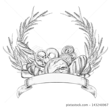 Pencil sketch: a wreath of wheat ears containing bread rolls, with a ribbon banner at the bottom. Isolated illustration for a confectionery, farmers' market, bakery, restaurant, menu, label,packaging. Pencil sketch: a wreath of wheat ears containing bread rolls, with a ribbon banner at the bottom. Isolated illustration for a confectionery, farmers' market, bakery, restaurant, menu, label,packaging. 143248967