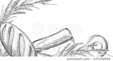 A rectangular frame featuring wheat stalks, a loaf of bread, ciabatta, and a bagel. An isolated pencil-style illustration suitable for bakeries, food delivery services, kitchen textiles, and menus. A rectangular frame featuring wheat stalks, a loaf of bread, ciabatta, and a bagel. An isolated pencil-style illustration suitable for bakeries, food delivery services, kitchen textiles, and menus. 143249008