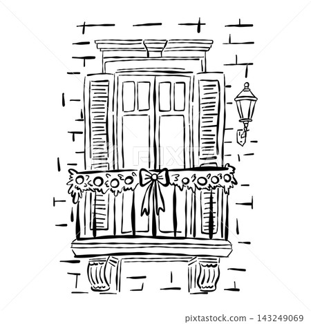 Christmas Balcony Building Facade Winter Holiday Line Art Illustration Christmas Balcony Building Facade Winter Holiday Line Art Illustration 143249069