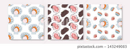 Oyster and Scallop Shell Seafood Seamless Pattern Set Oyster and Scallop Shell Seafood Seamless Pattern Set 143249083