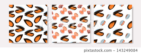 Orange Mussel Seashell Seamless Pattern Collection Seafood Food Design Orange Mussel Seashell Seamless Pattern Collection Seafood Food Design 143249084