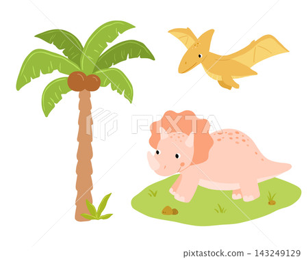 Cute cartoon dinosaur tyrannosaurus and pterodactyl vector illustrations for kids. Funny dino character for nursery decor, baby animal with palm tree Cute cartoon dinosaur tyrannosaurus and pterodactyl vector illustrations for kids. Funny dino character for nursery decor, baby animal with palm tree 143249129