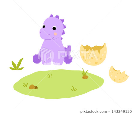 Cute cartoon baby dinosaur and egg, vector flat childish illustration for kids. Dino character for nursery decor, children Cute cartoon baby dinosaur and egg, vector flat childish illustration for kids. Dino character for nursery decor, children 143249130