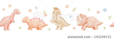 Seamless border cute baby dinosaurs in pink and beige colors. Watercolour repeating nursery banner for kids. Colorful isolated childish illustrations Seamless border cute baby dinosaurs in pink and beige colors. Watercolour repeating nursery banner for kids. Colorful isolated childish illustrations 143249131