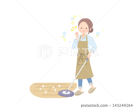 A smiling woman mopping the floor. A smiling woman mopping the floor. 143249164