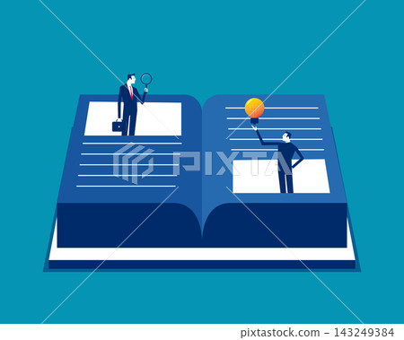 Business people are exploring with large books open. Business flat design style vector illustration. Business people are exploring with large books open. Business flat design style vector illustration. 143249384