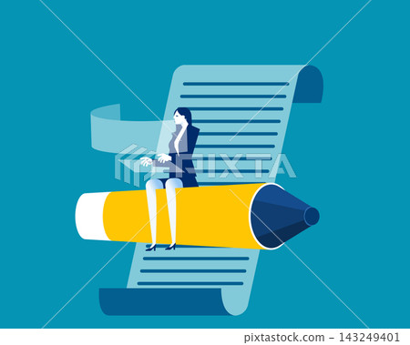 Tecnologyg  business marketing. Businesswoman sitting on pencil and finding investment 143249401