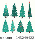 Christmas trees vector set. Cute  cartoon xmas tree elements with ornaments, stars, lights, garlands and snow for winter holiday greeting cards, posters and design. Isolated clip art. 143249422
